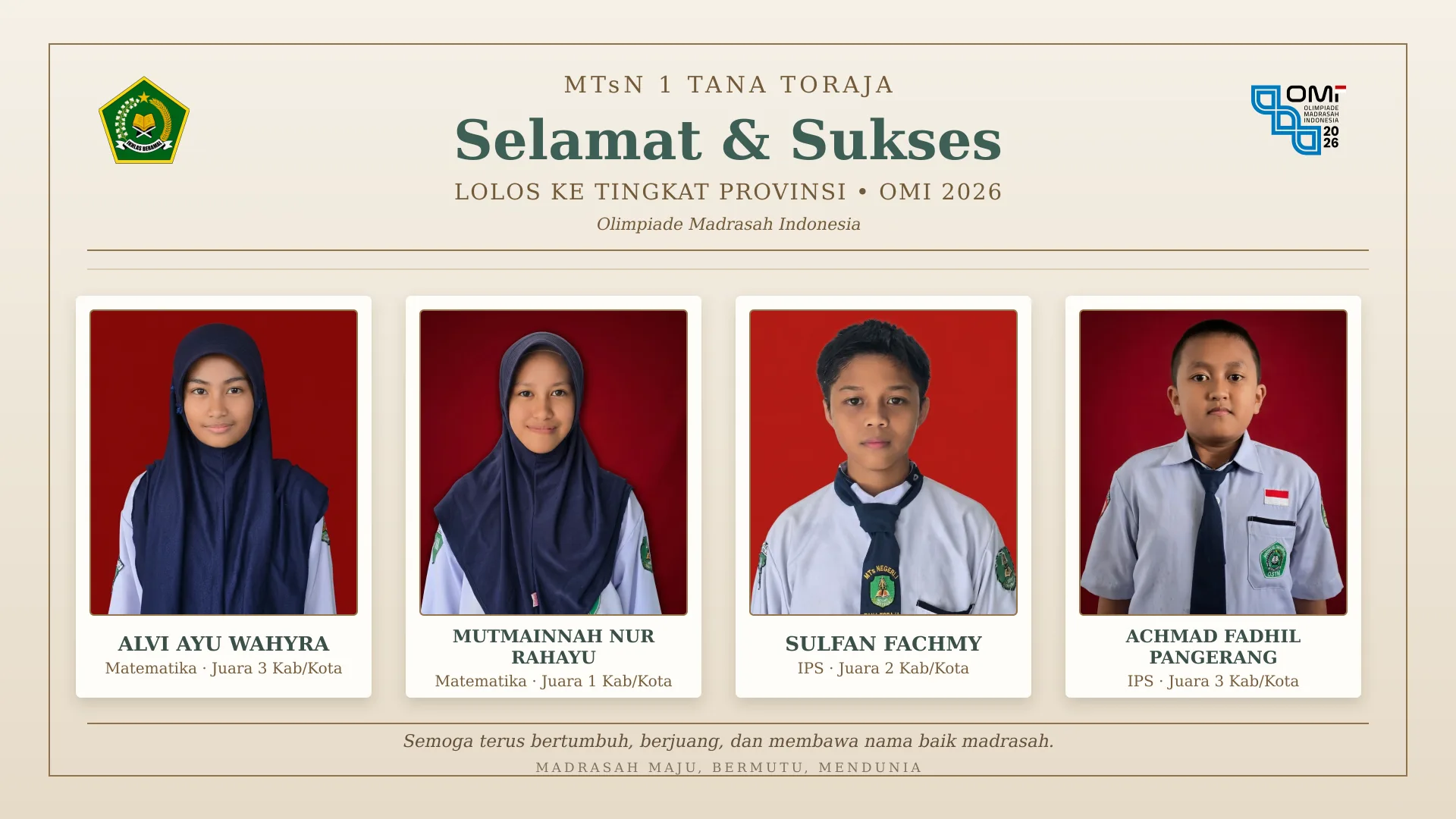 Empat Murid MTsN 1 Tana Toraja Melaju ke OMI Tingkat Provinsi