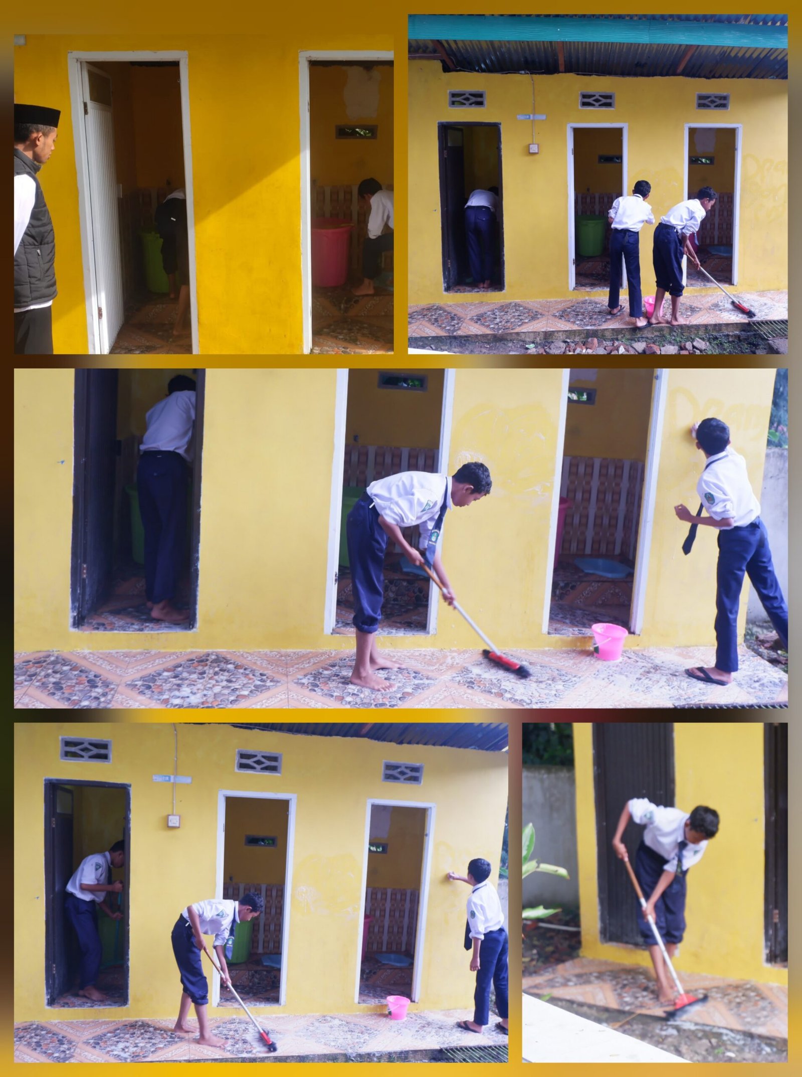 Siswa melaksanakan piket kebersihan toilet